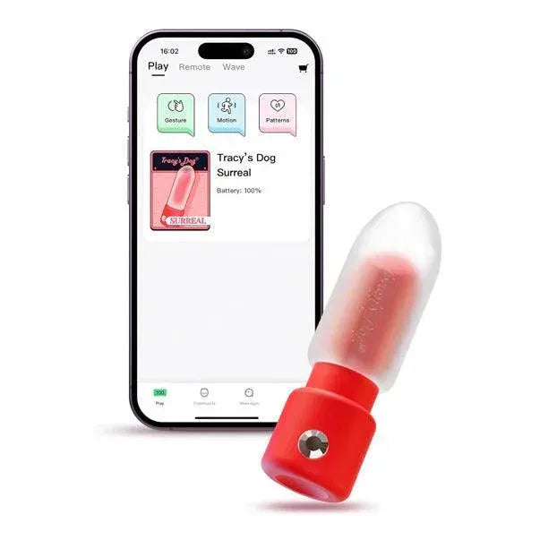 Surreal lipstick vibrator and app control interface on phone.