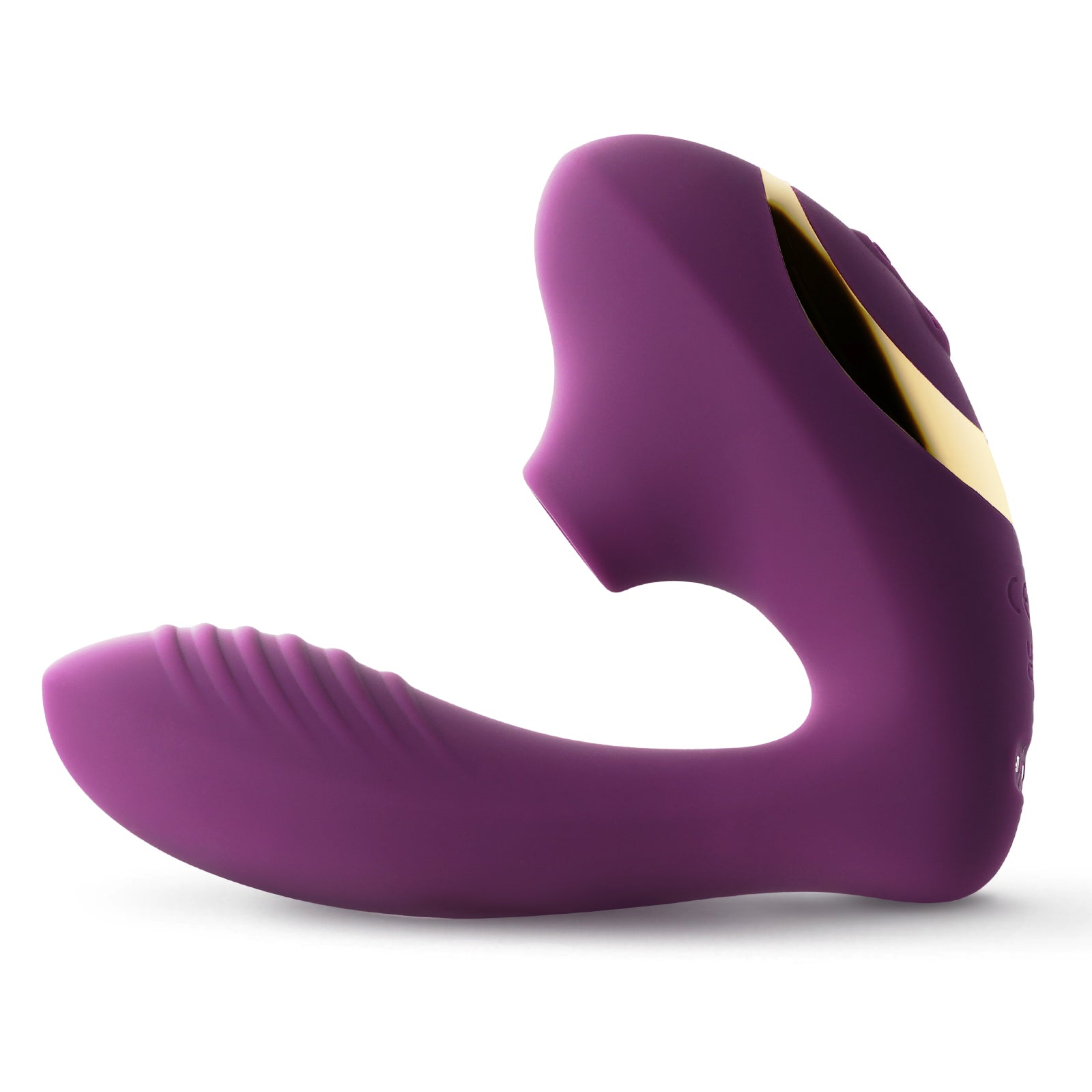 A purple silicone personal massager with a gold accent panel on the back, shown from a side profile view against a white background.