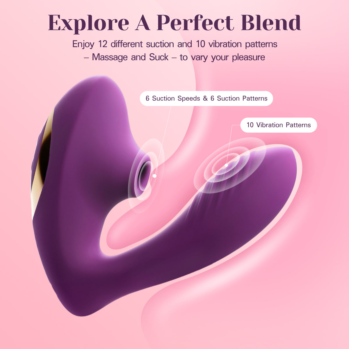 A purple and pink curved personal massager shown on a soft pink background with marketing text reading 'Explore A Perfect Blend' and callouts for suction speeds and vibration patterns.