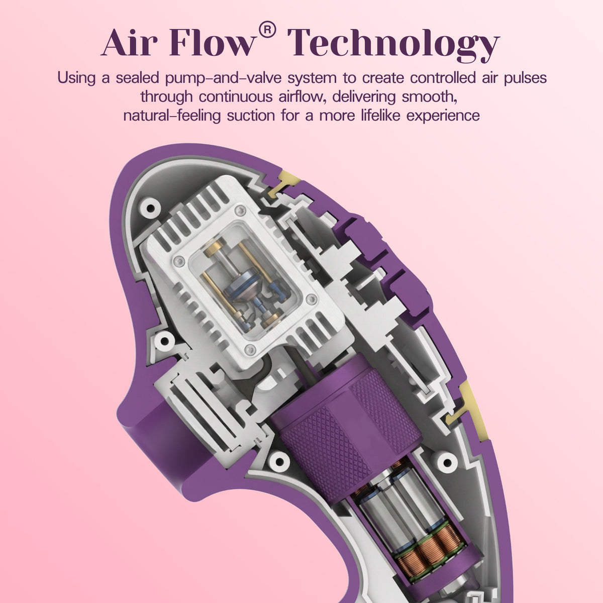 An exploded-view graphic of a purple and silver handheld device with text at the top reading 'Air Flow Technology,' showing internal components and airflow mechanism on a soft pink background.