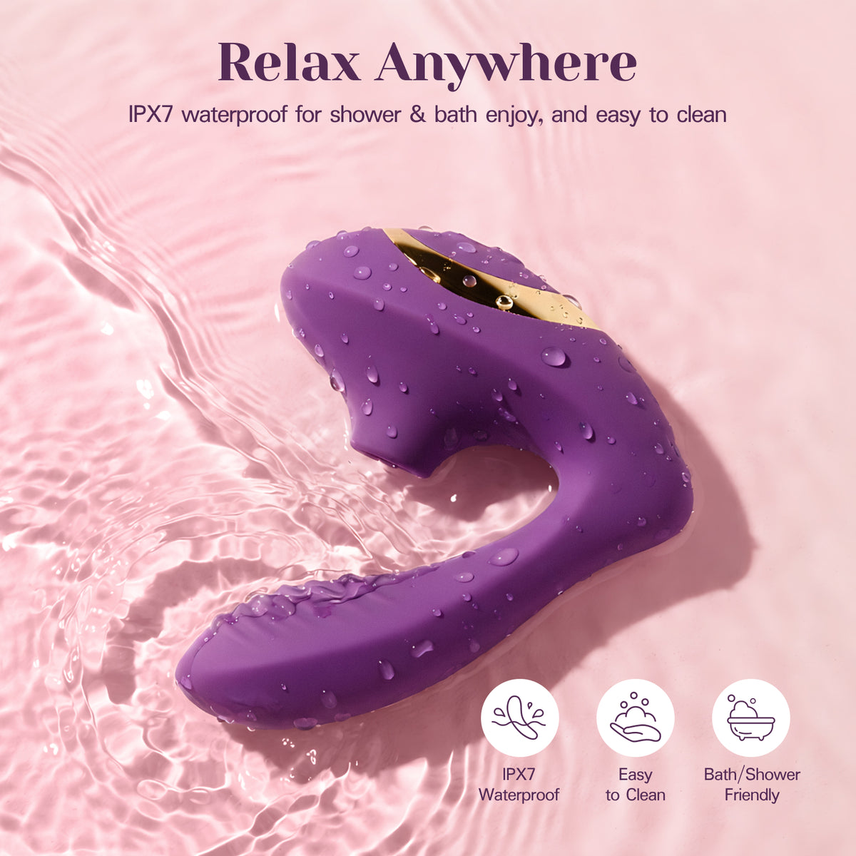 A purple curved personal massager with water droplets on its surface, shown in a pink water-themed graphic with text reading 'Relax Anywhere' and feature icons for IPX7 waterproof, easy to clean, and bath/shower friendly.