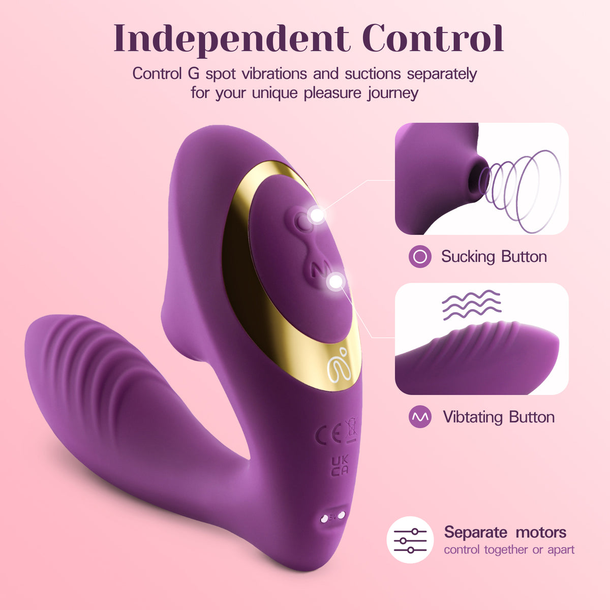 Purple and gold personal massager shown on a pink background with explanatory text and inset callouts for the sucking button and vibrating button, emphasizing independent control.