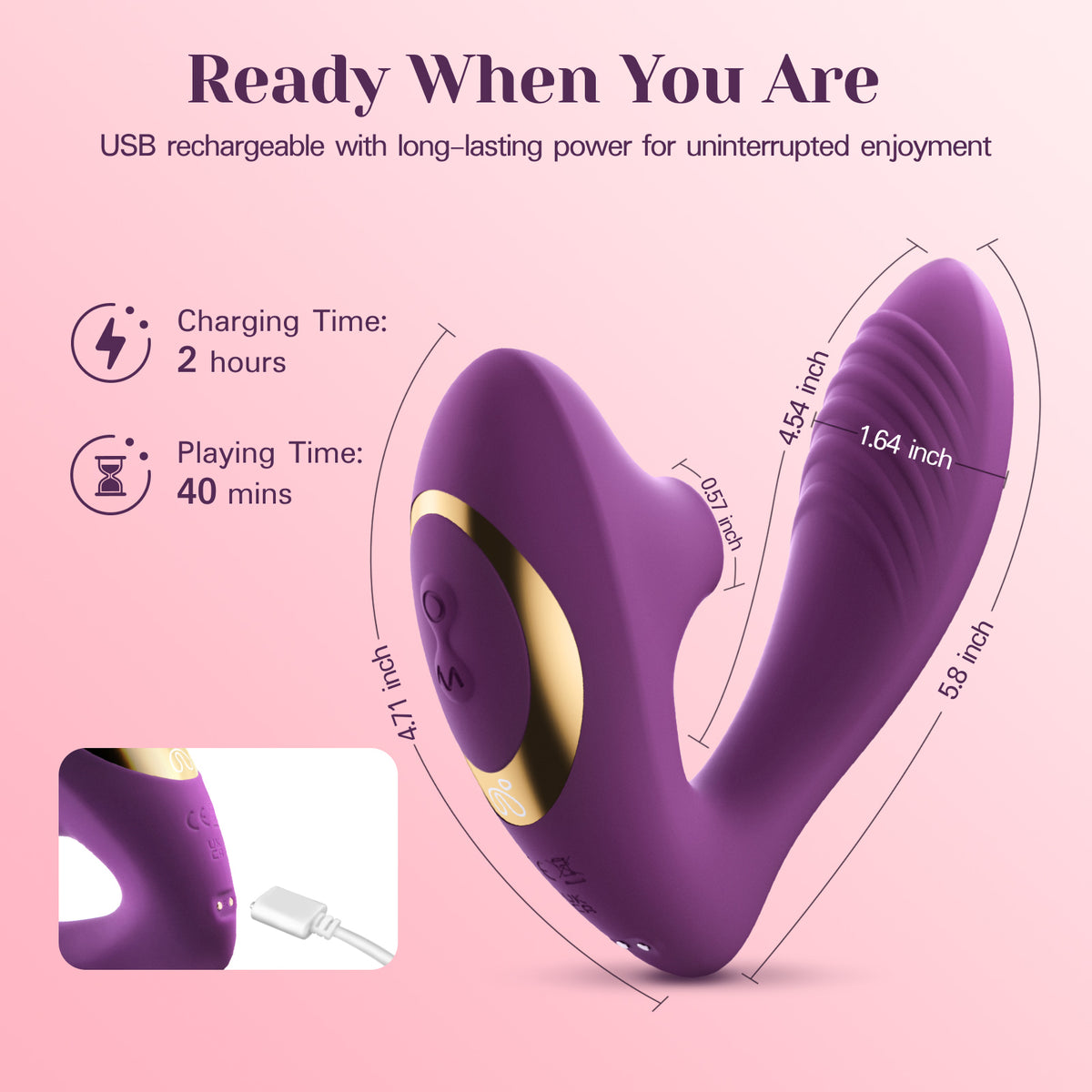 Purple and gold USB rechargeable intimate massager shown on a pink background with marketing text, dimensions, charging time, and playing time, plus a small inset showing the charging connection.