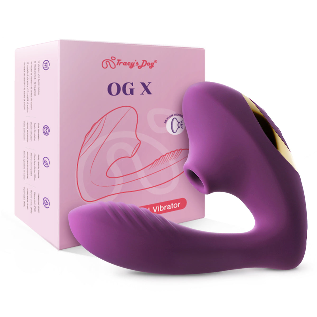 A purple curved vibrator shown in front of its pink retail box labeled 'Stracy's Dog OG X Vibrator' on a clean white background.