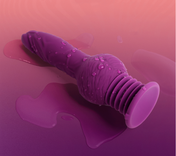 Purple waterproof thrusting dildo vibrator with suction cup base and textured shaft
