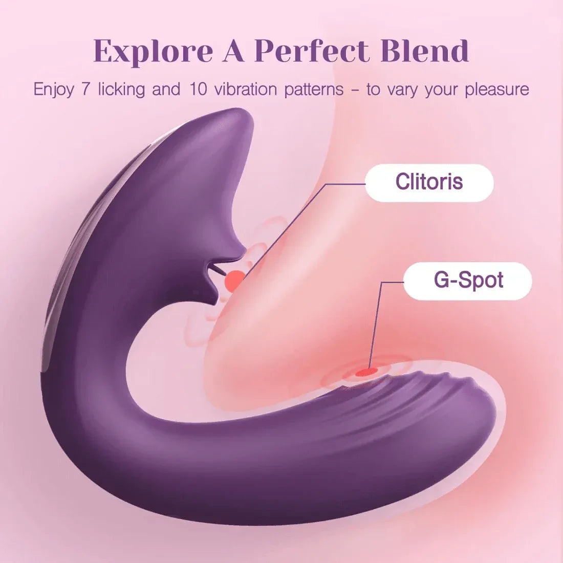 Purple silicone clitoral licking vibrator illustrating clitoris and G-Spot stimulation, 7 licking and 10 vibration patterns