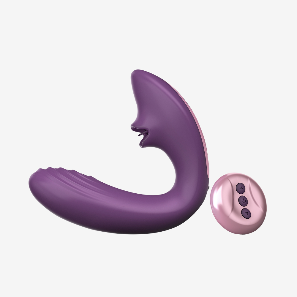 Purple Juicy clitoral licking vibrator with pink remote, silicone body, ergonomic curved design