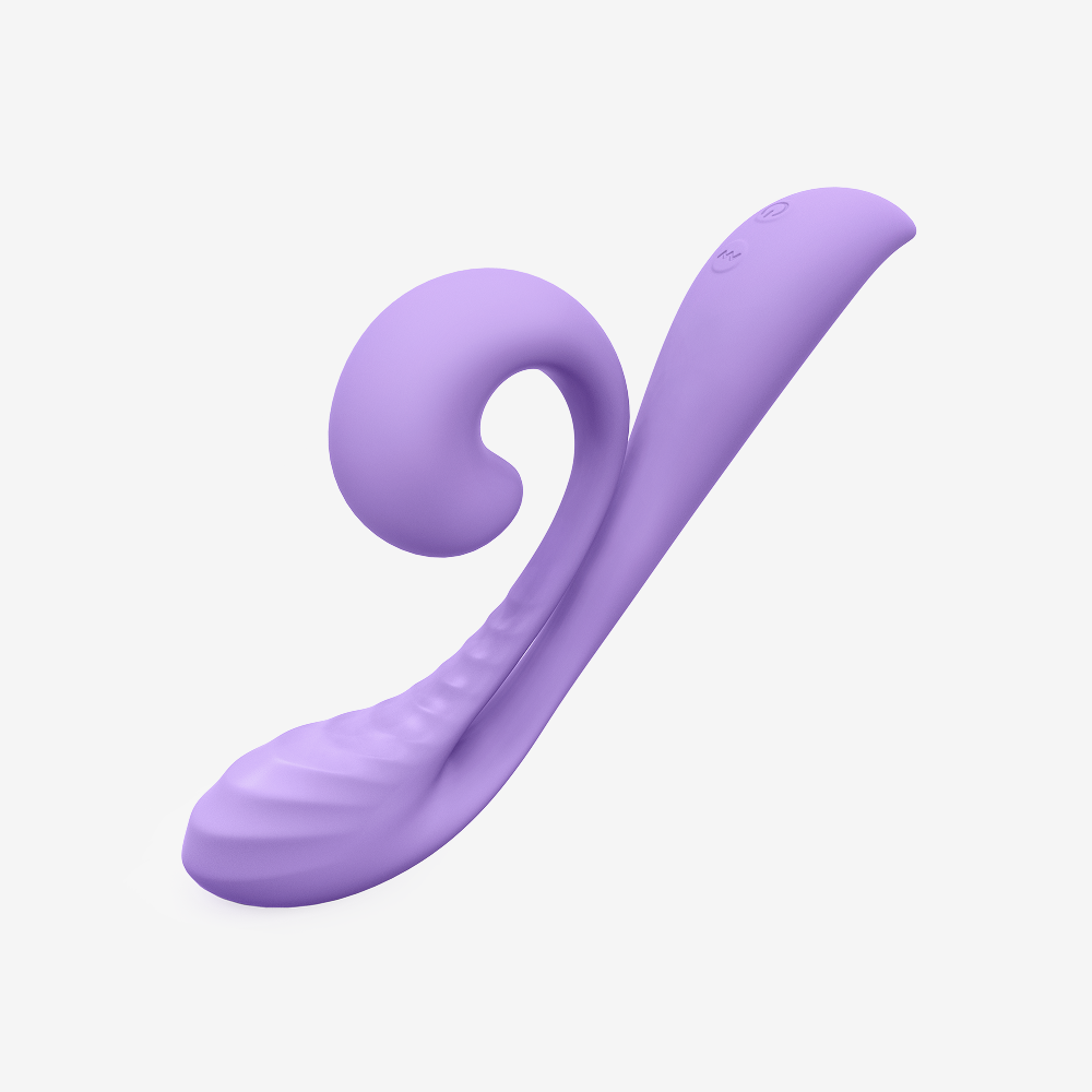 Lilac silicone rabbit vibrator with curved dual-stimulation design