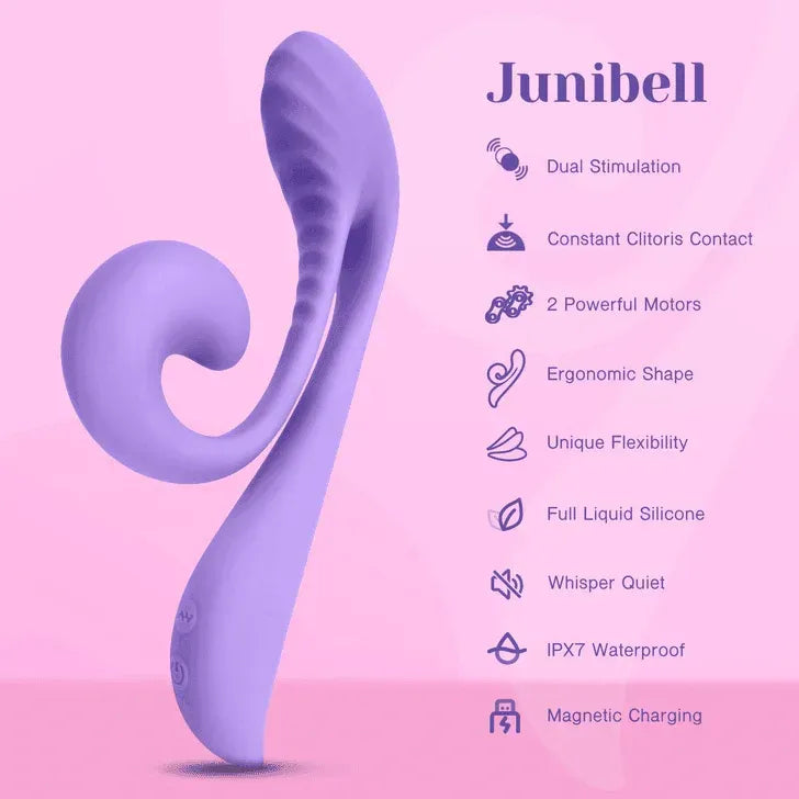 Lilac Junibell rabbit vibrator with curved silicone design and dual stimulation features