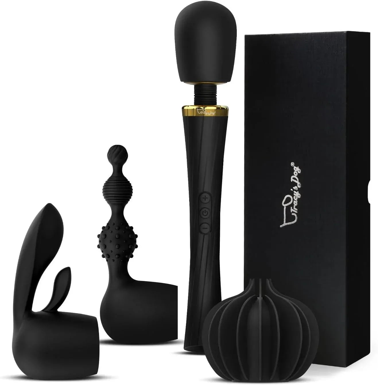 Magic Vibrating Wand Kit with bunny, ribbed, and bulbous attachments, charging cable, and gift box.