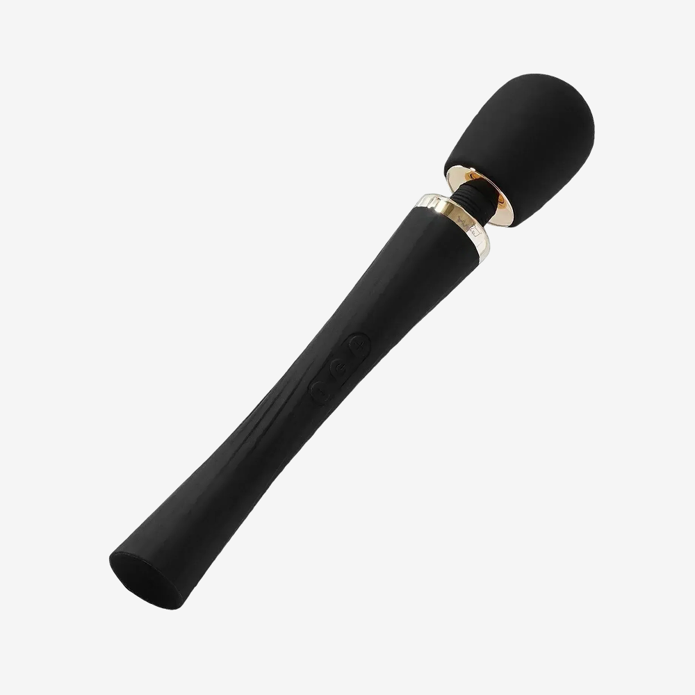 Black Magic Vibrating Wand Massager with silicone head and handle buttons