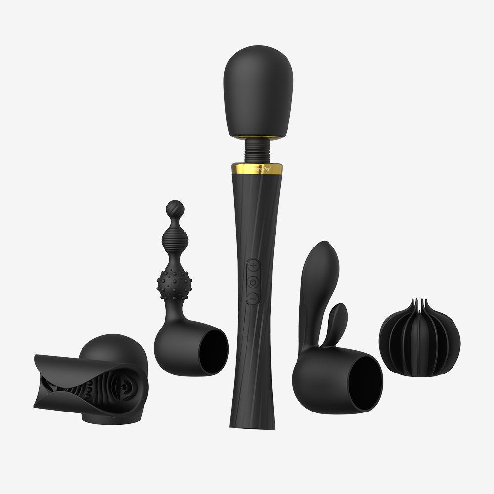 Black cordless vibrating wand kit with interchangeable massage and pleasure attachments