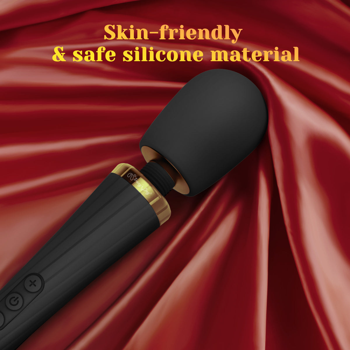 Black cordless vibrating wand with skin-friendly silicone head and gold accent, shown with safe silicone material text
