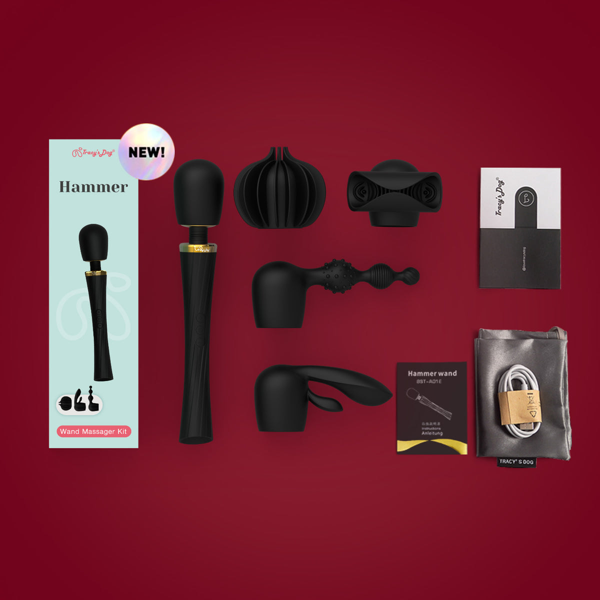 Black wand massager kit with multiple silicone attachments, charging cable, manual, and travel pouch
