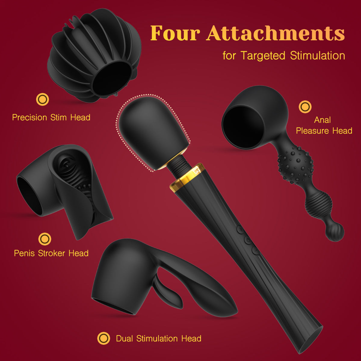 Black cordless vibrating wand kit with four interchangeable stimulation heads on red background