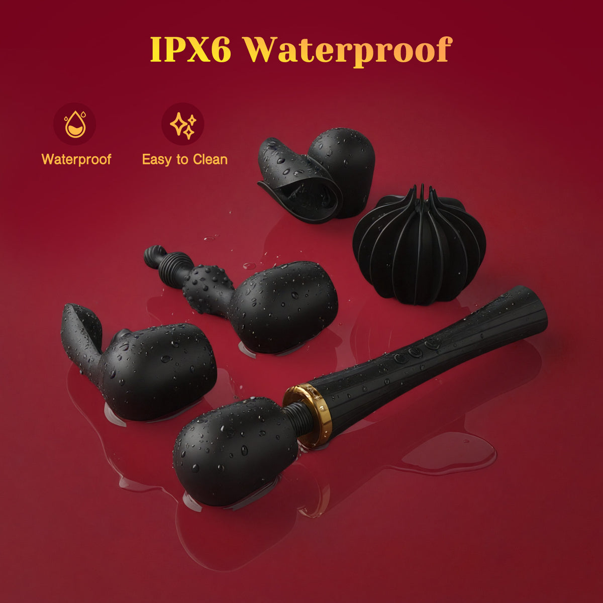 Black cordless vibrating wand kit with multiple massage heads, IPX6 waterproof