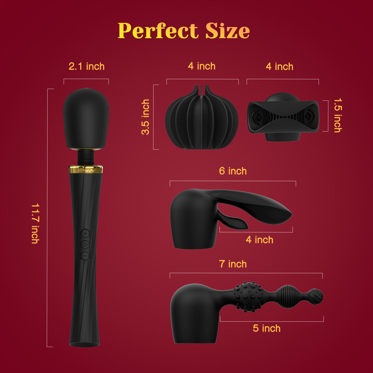 Black cordless vibrating wand kit with multiple attachments, size chart