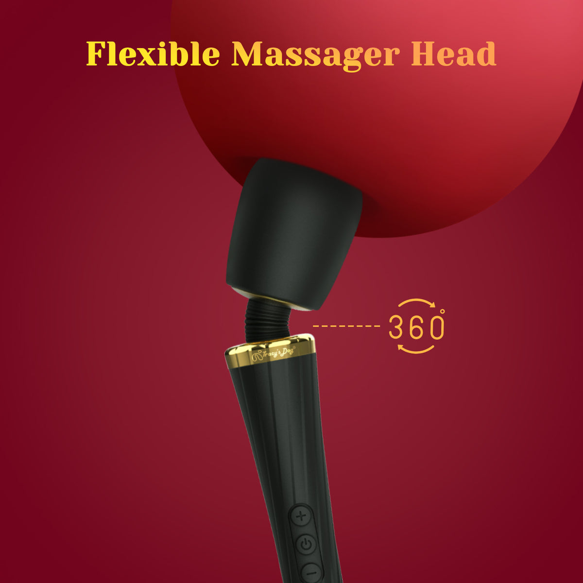 Black cordless vibrating wand with flexible 360-degree massager head