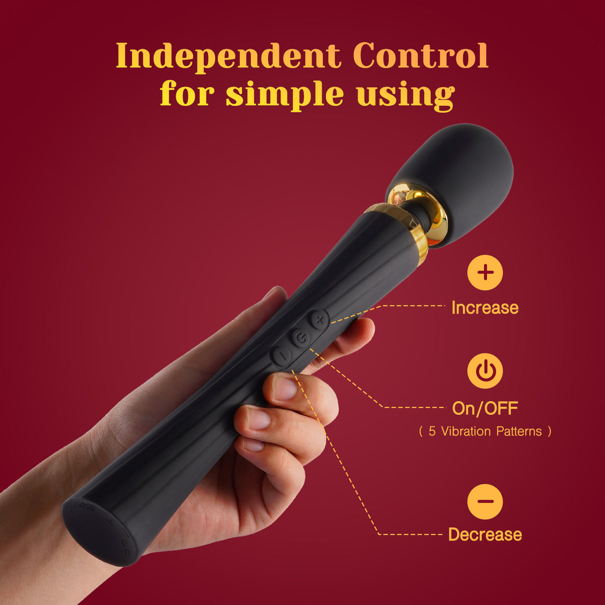 Black cordless vibrating wand with gold accents and easy control buttons, 5 vibration patterns