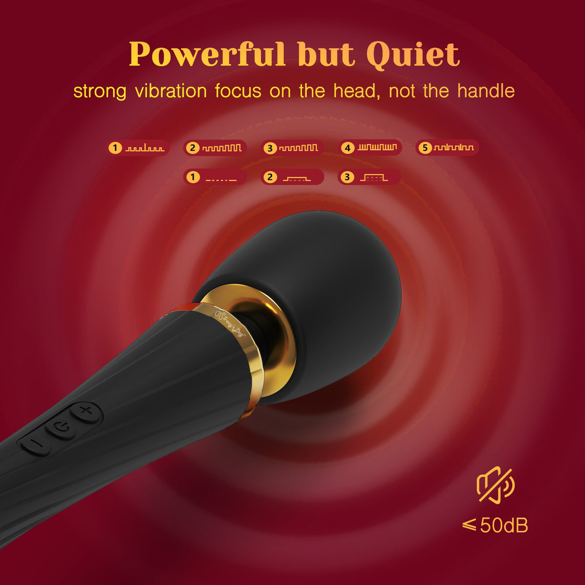 Black cordless magic wand vibrator with gold accent, 5 vibration modes, quiet under 50dB