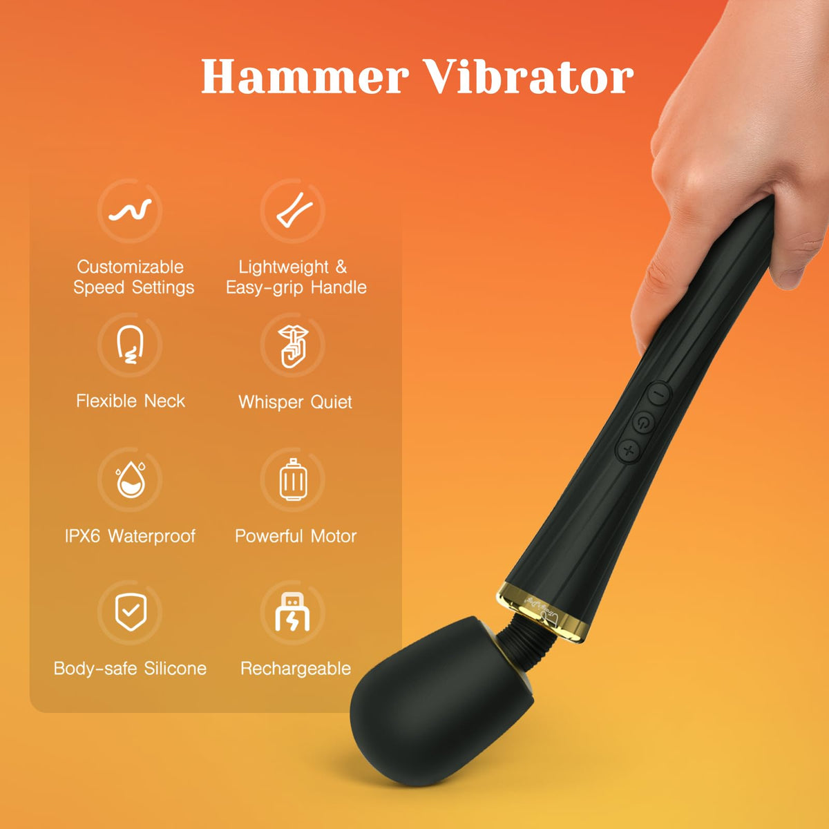 Hammer vibrator with flexible neck, silicone body, rechargeable design, and adjustable speed settings
