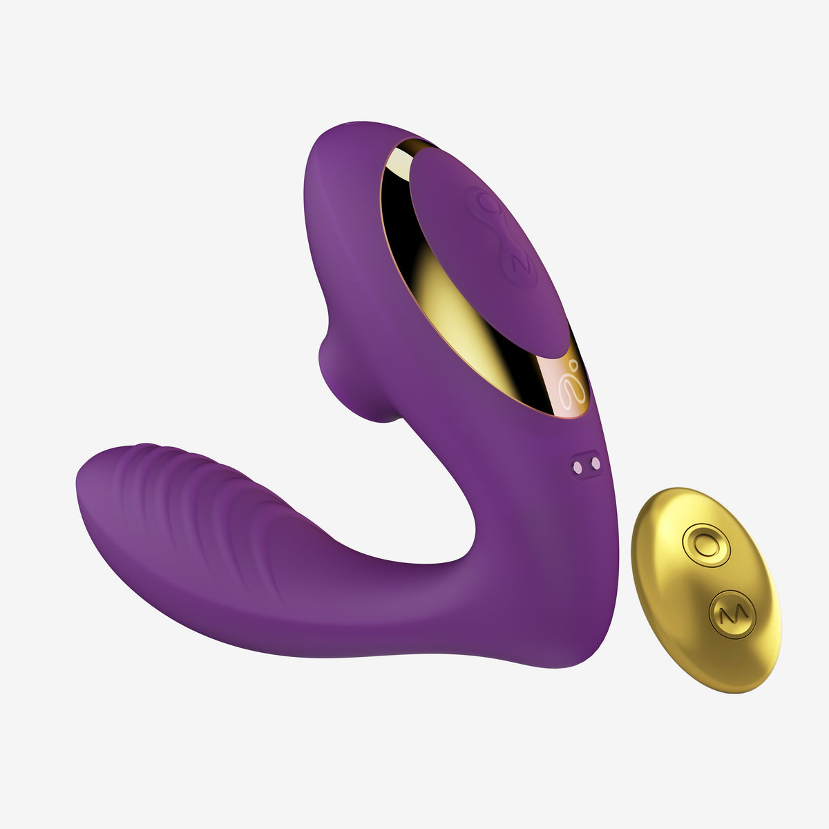 Purple OG sucking vibrator with gold controls and curved dual-stimulation design