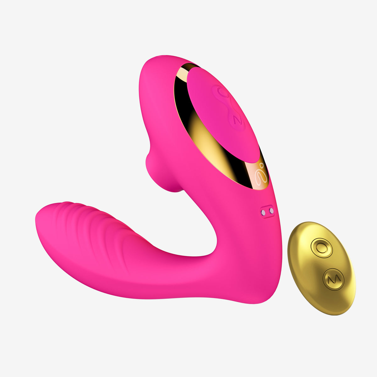 Pink OG sucking vibrator with gold charging remote, dual-stimulation design