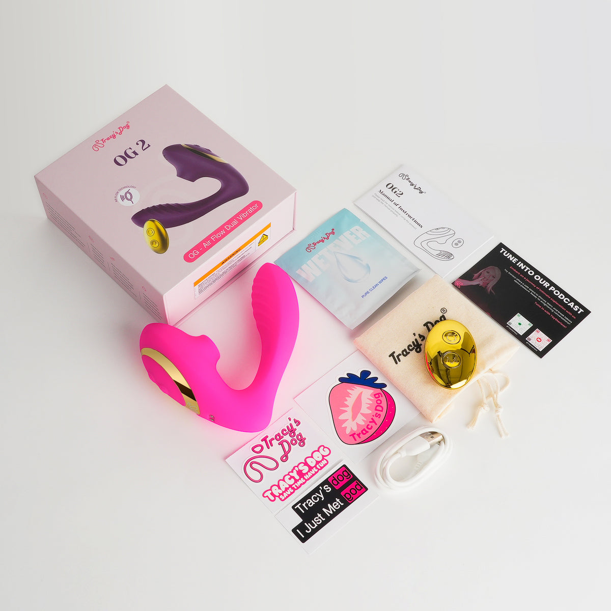 OG 2 air flow dual vibrator set with pink and gold silicone toy, box, charger, pouch, wipes and manual