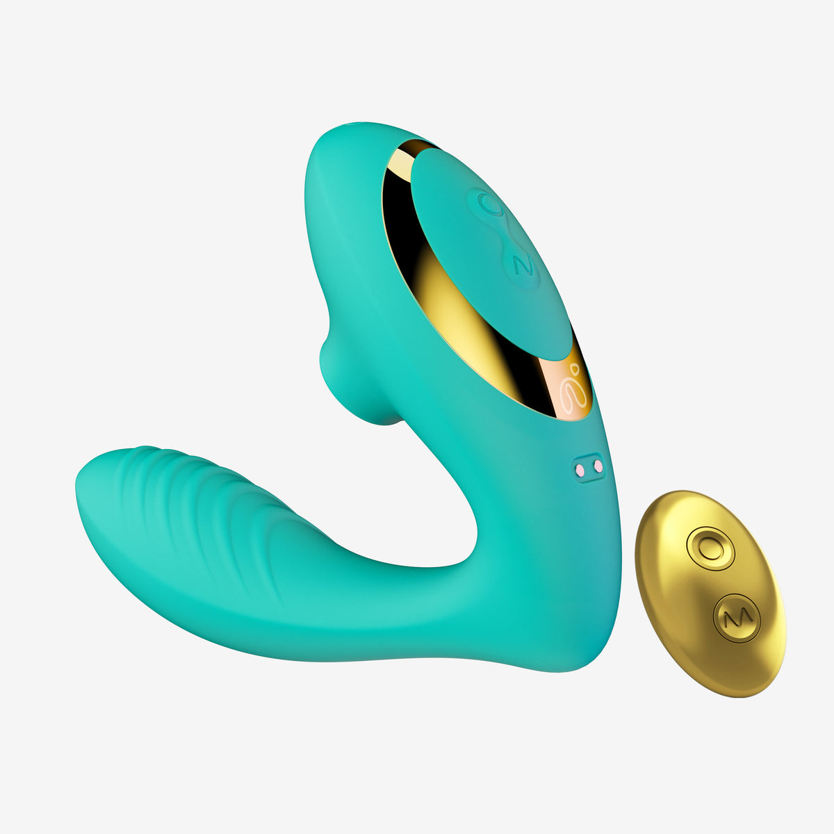 Teal OG sucking vibrator with gold controls and matching remote
