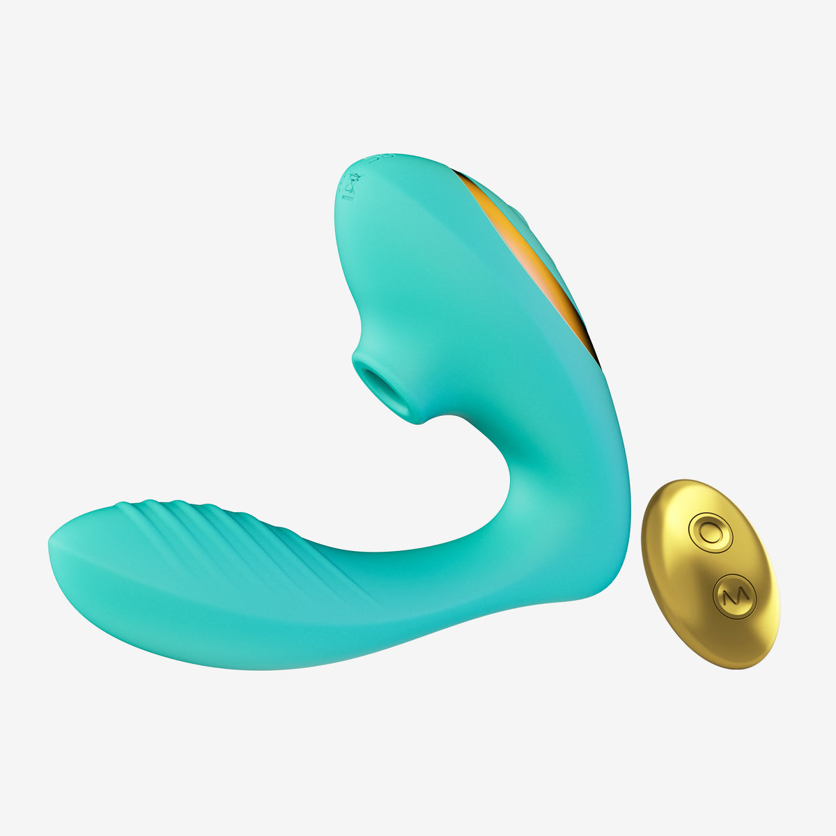 Turquoise sucking vibrator with gold control buttons, curved silicone design for clitoral stimulation