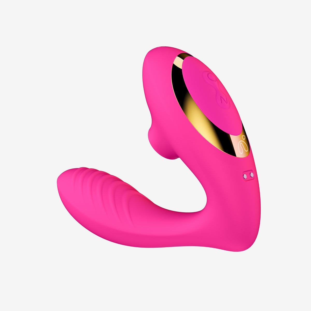 Pink silicone sucking vibrator with gold accent and curved body
