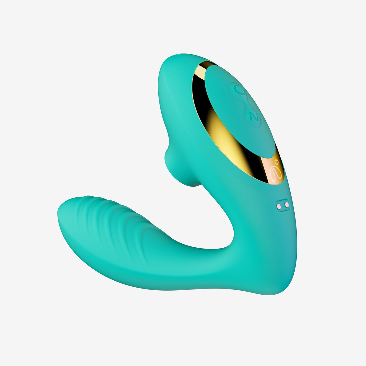 Teal silicone sucking vibrator with curved ergonomic design and gold interior