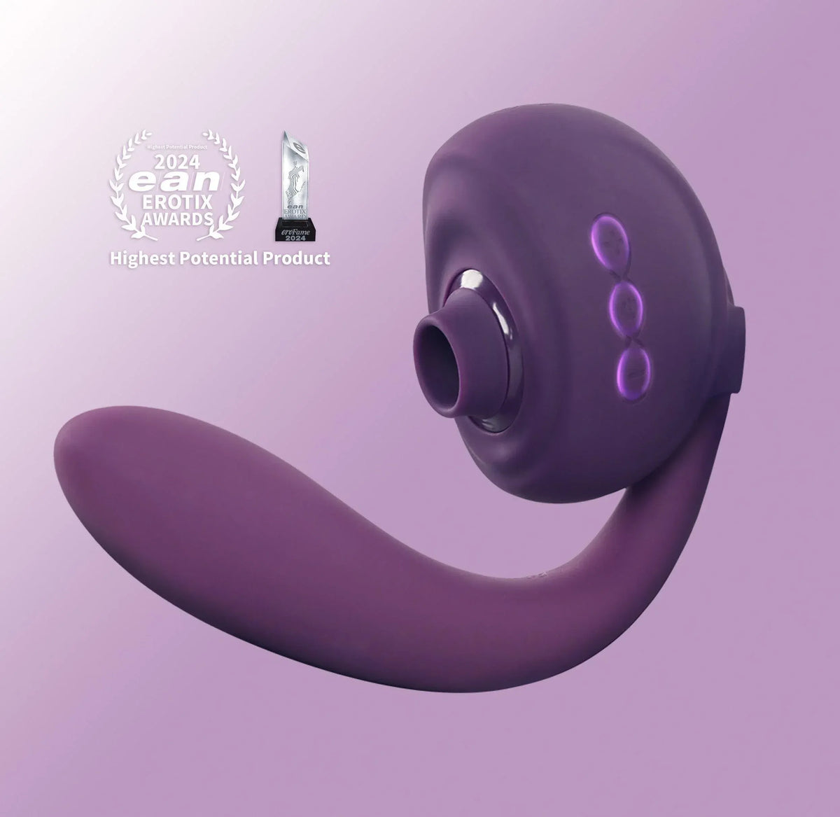 Purple OG 3 clitoral sucking vibrator with curved shaft and three-button controls