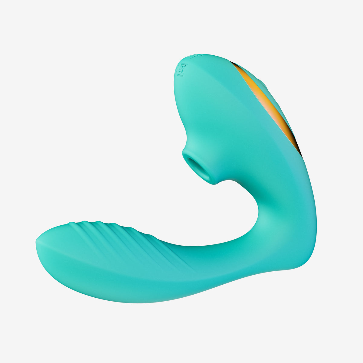 Turquoise suction vibrator with curved ergonomic design and orange accent for clitoral stimulation