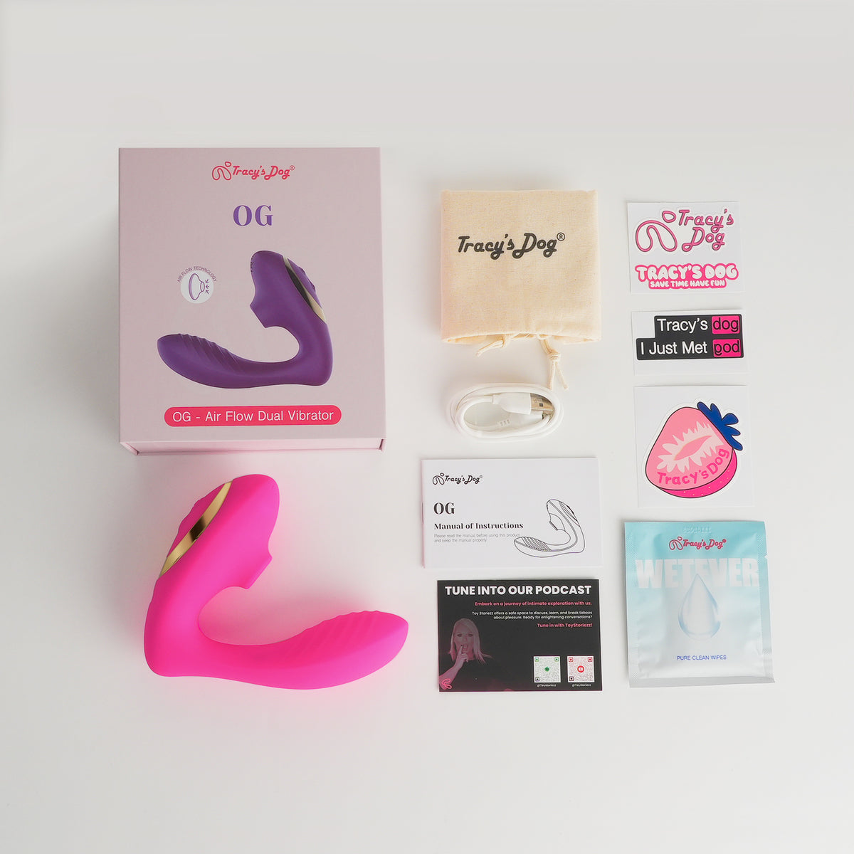 Tracy's Dog OG air flow dual vibrator set with pink vibrator, box, pouch, charger, manual, stickers and wipes