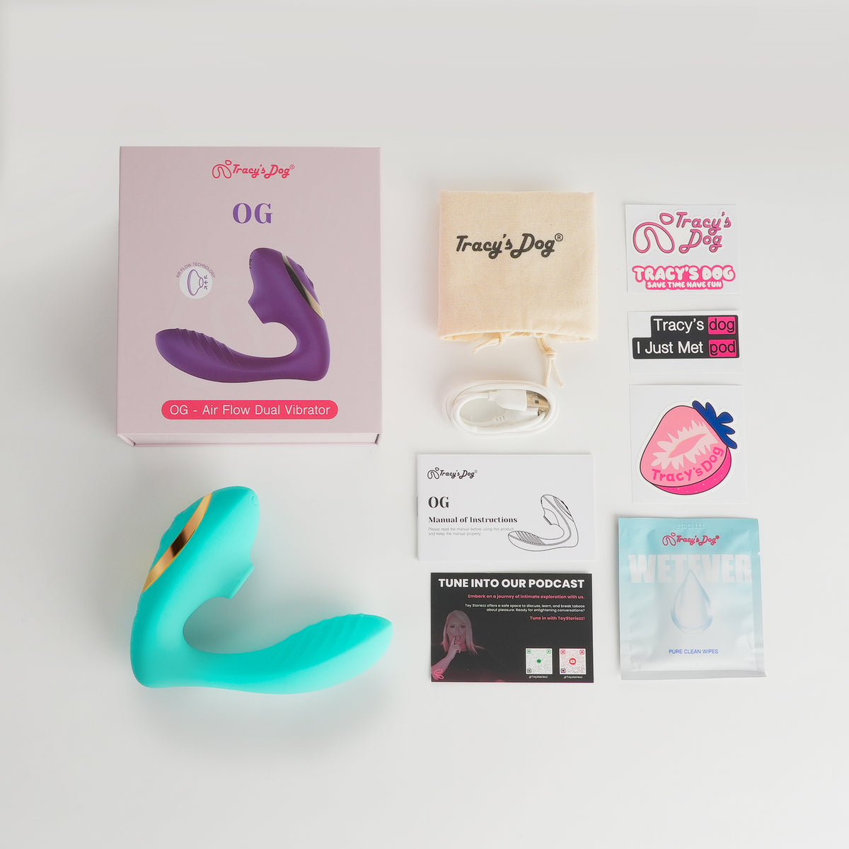 OG air flow dual vibrator set with purple and teal silicone vibrators, box, charger, pouch, manual, stickers and wipes