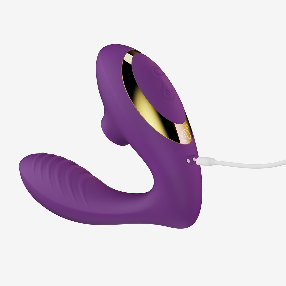 Purple silicone sucking vibrator with gold interior and USB charging cable