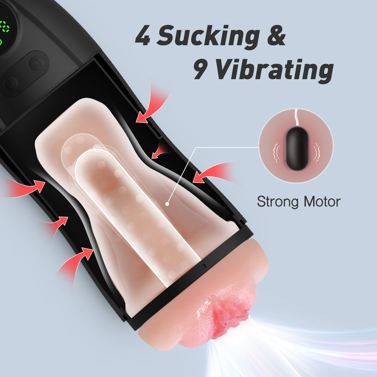 Black automatic masturbation cup with 4 suction modes and 9 vibration settings