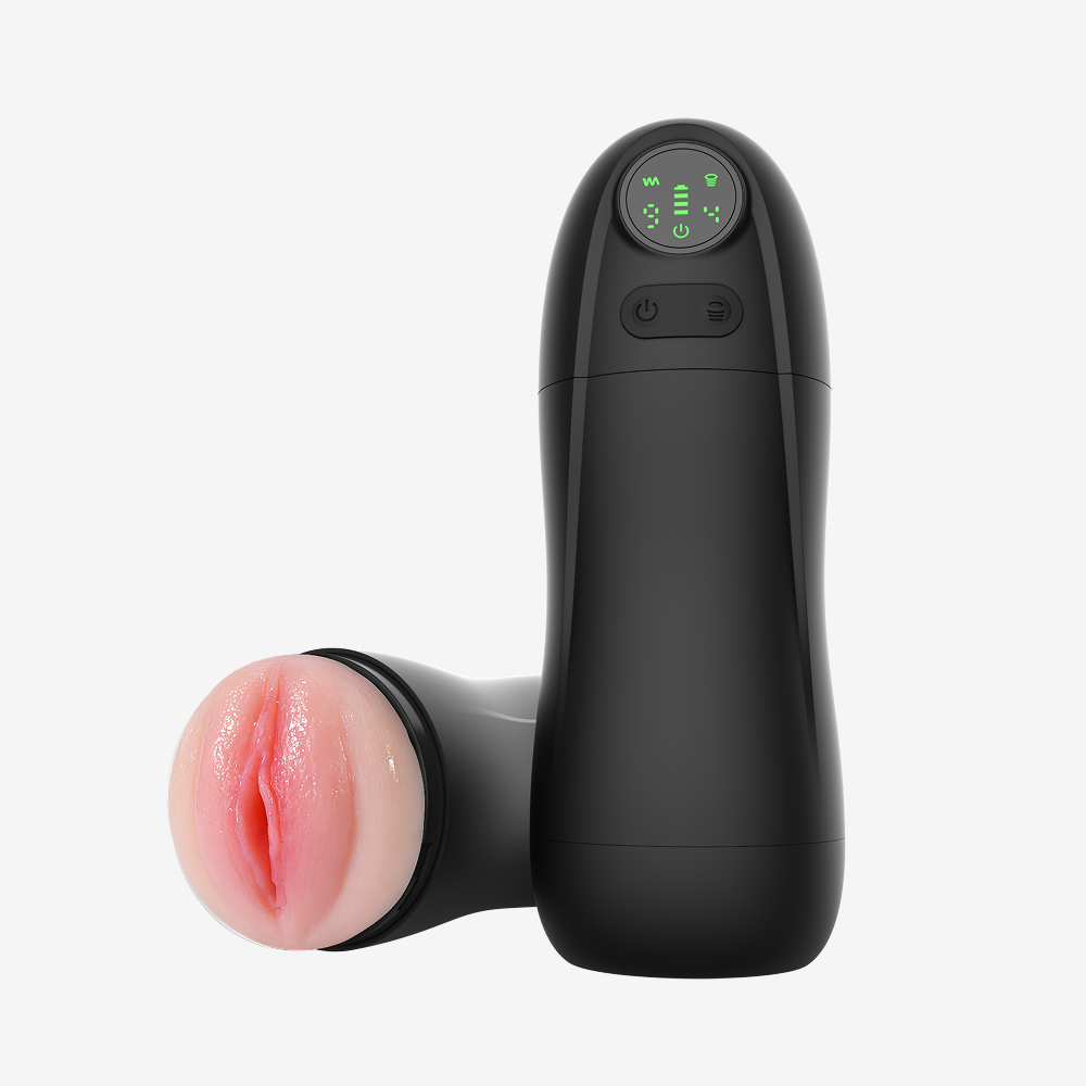 Black automatic masturbation cup with LCD display, vibration and suction controls