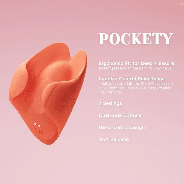 POCKETY wearable mini vibrator, orange soft silicone, ergonomic hand-clamp design with dual-side buttons