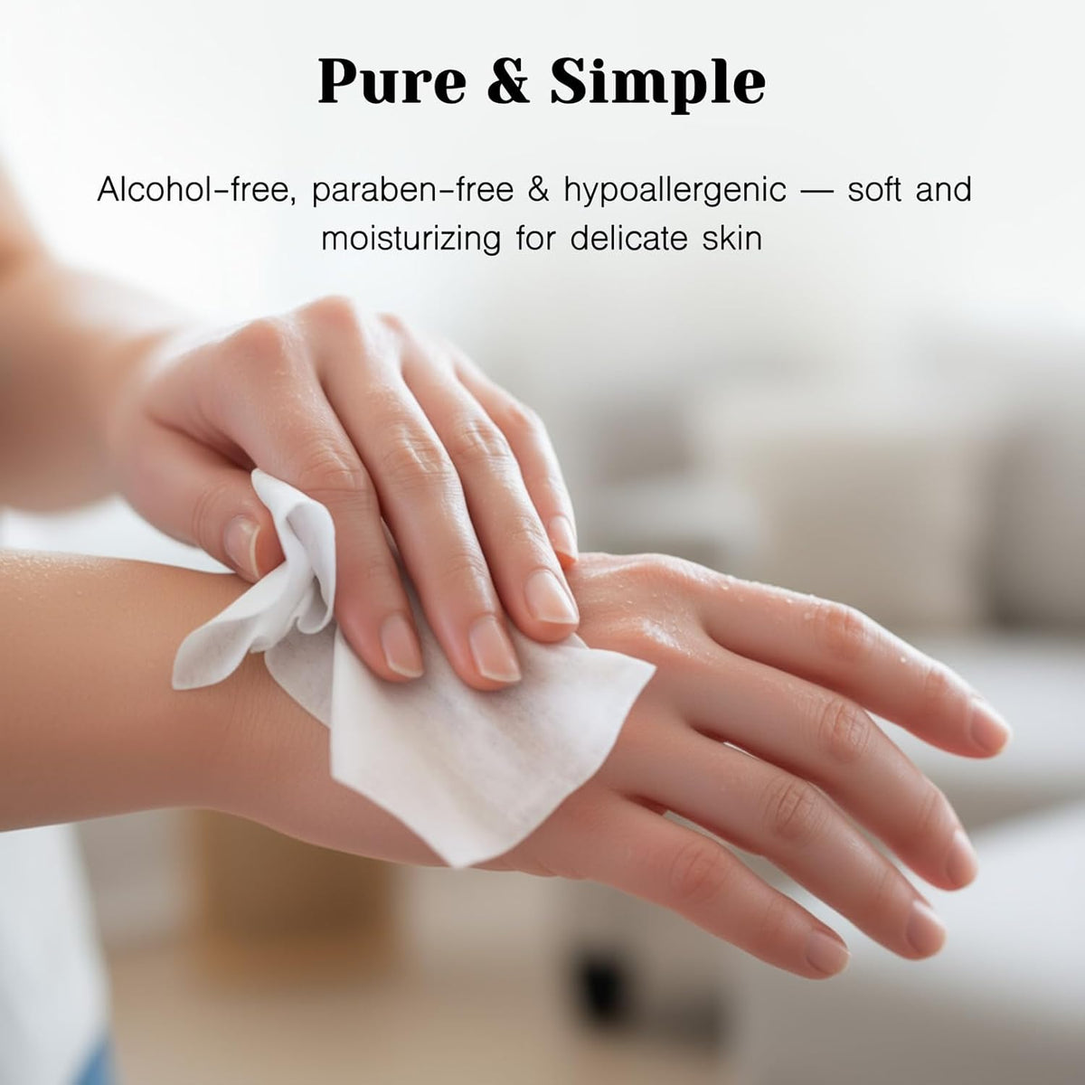 Hands using white intimate wipes on delicate skin, alcohol-free and hypoallergenic