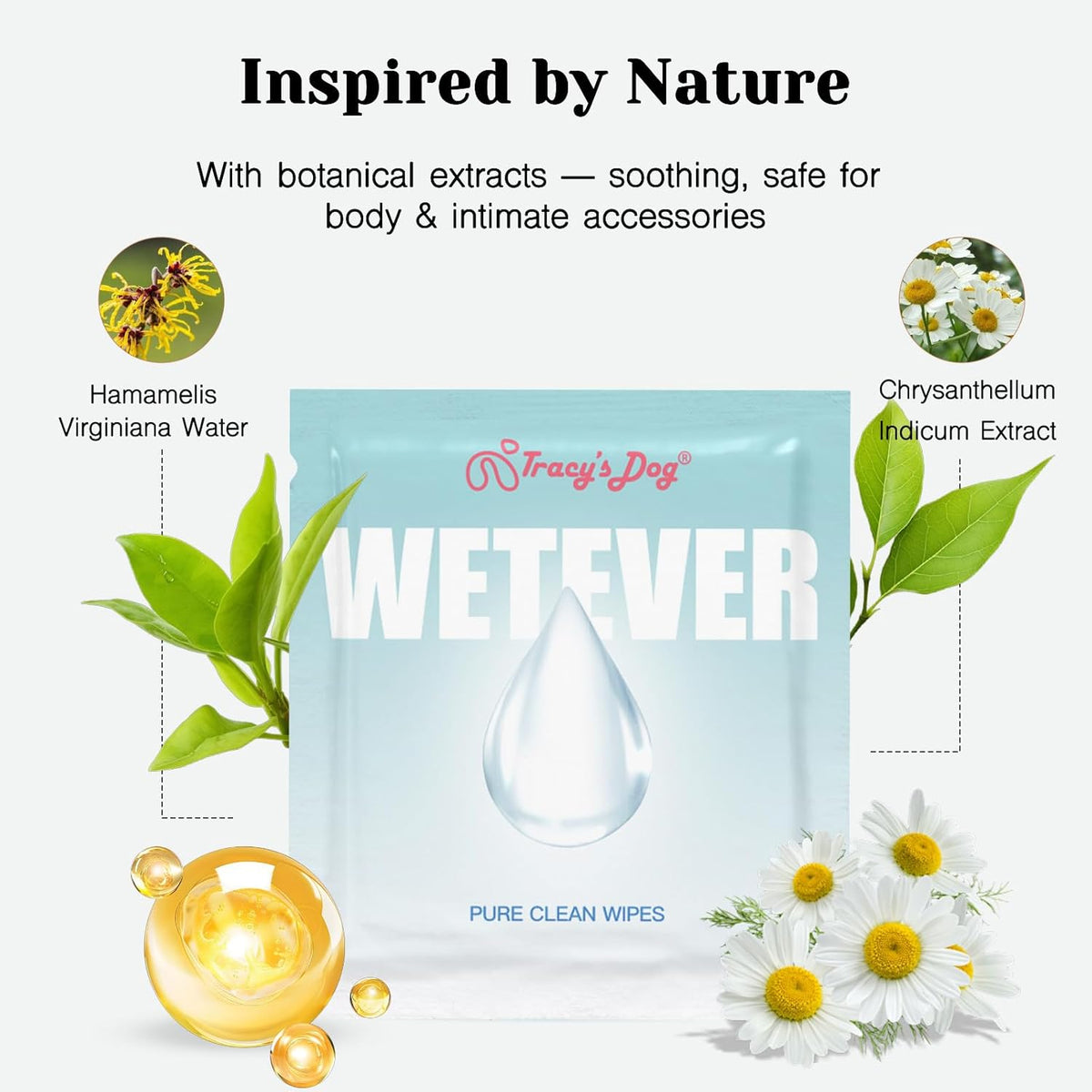 Tracy's Dog Pure Clean Wipes pack with botanical extracts, witch hazel and chrysanthemum
