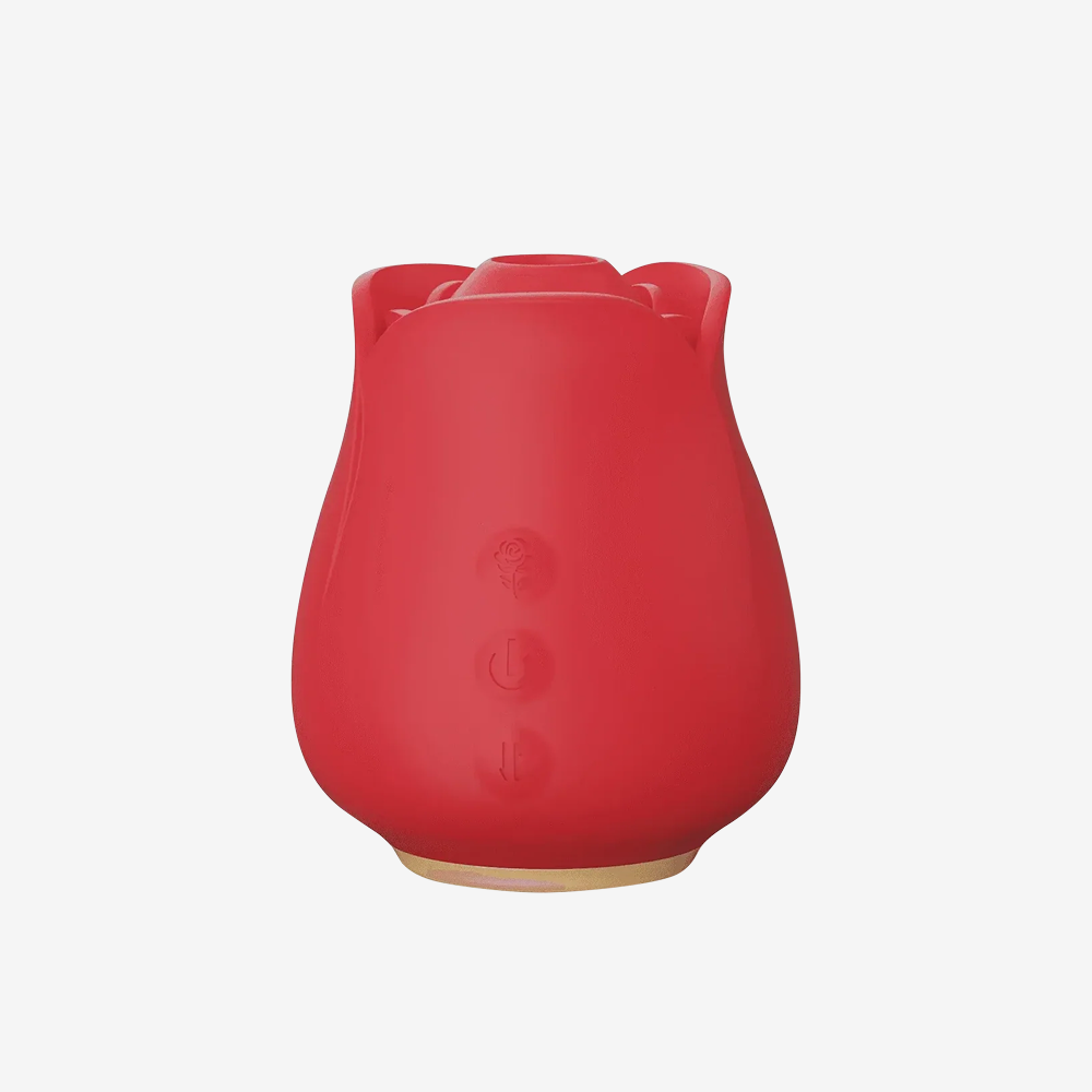 Red rose-shaped portable clitoral sucker with rose petal top and gold base