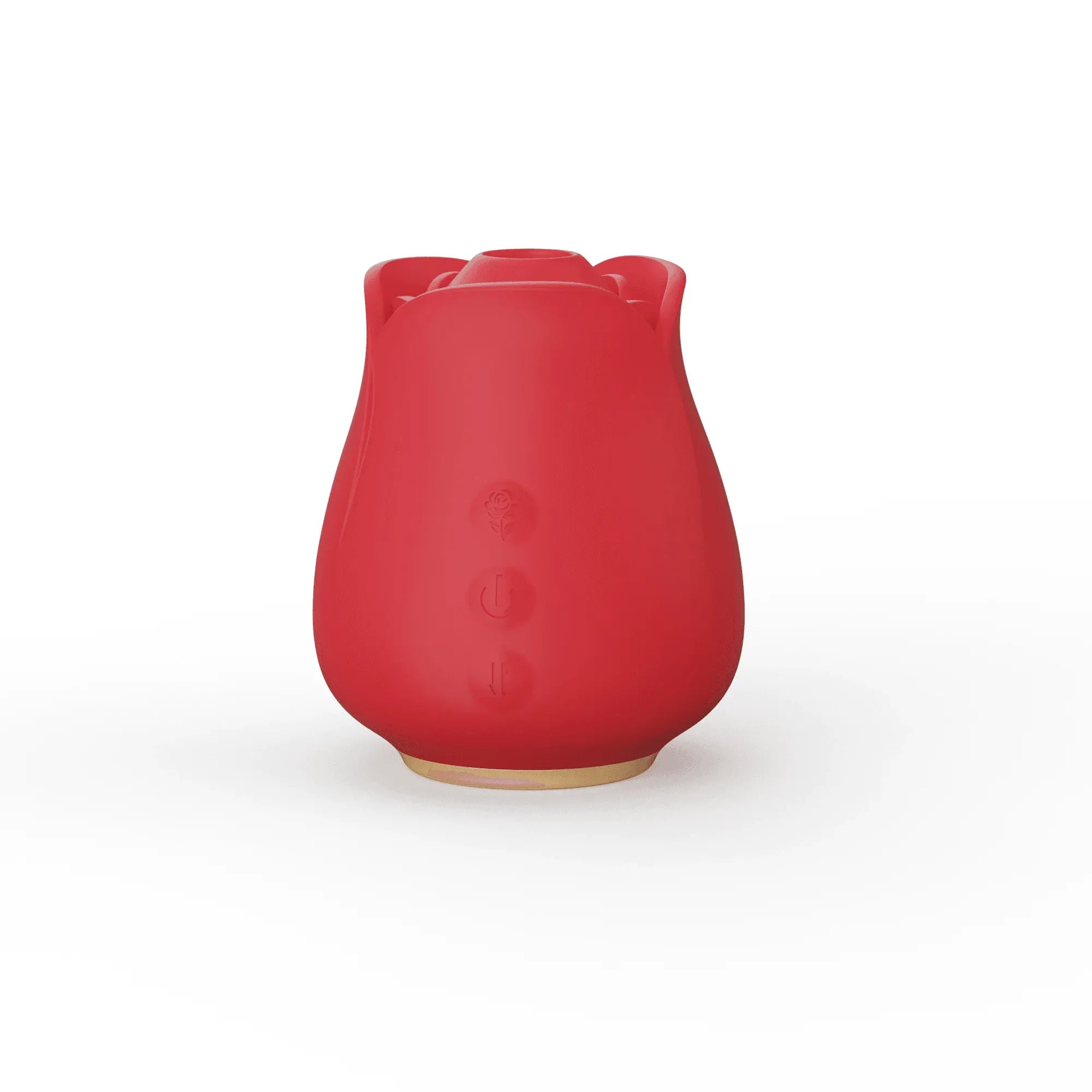 Rosie portable rose clit sucker vibrator in red, showcasing its rosebud shape and control buttons.