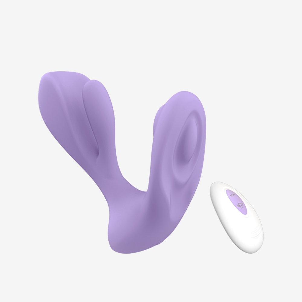 Purple wearable swing vibrator with dual stimulation and white remote