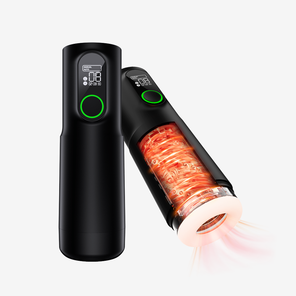 Black TriggerX penis pump stroker with LED display, green ring controls and warming sleeve