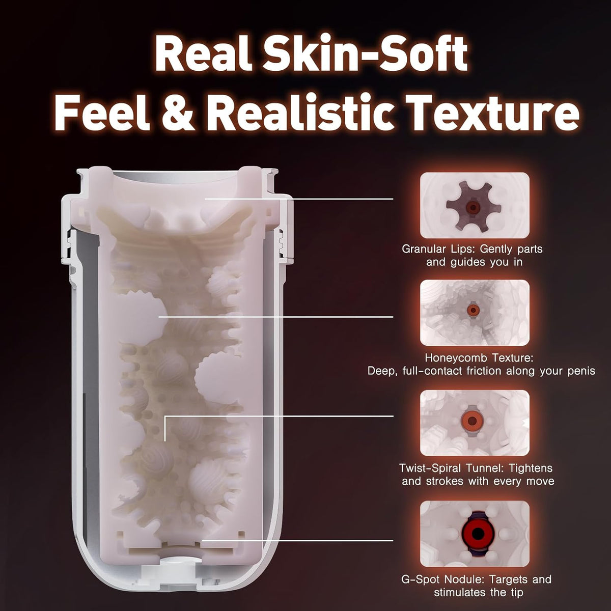 TriggerX masturbator cutaway showing real-skin soft texture, granular lips, honeycomb tunnel and G-spot node