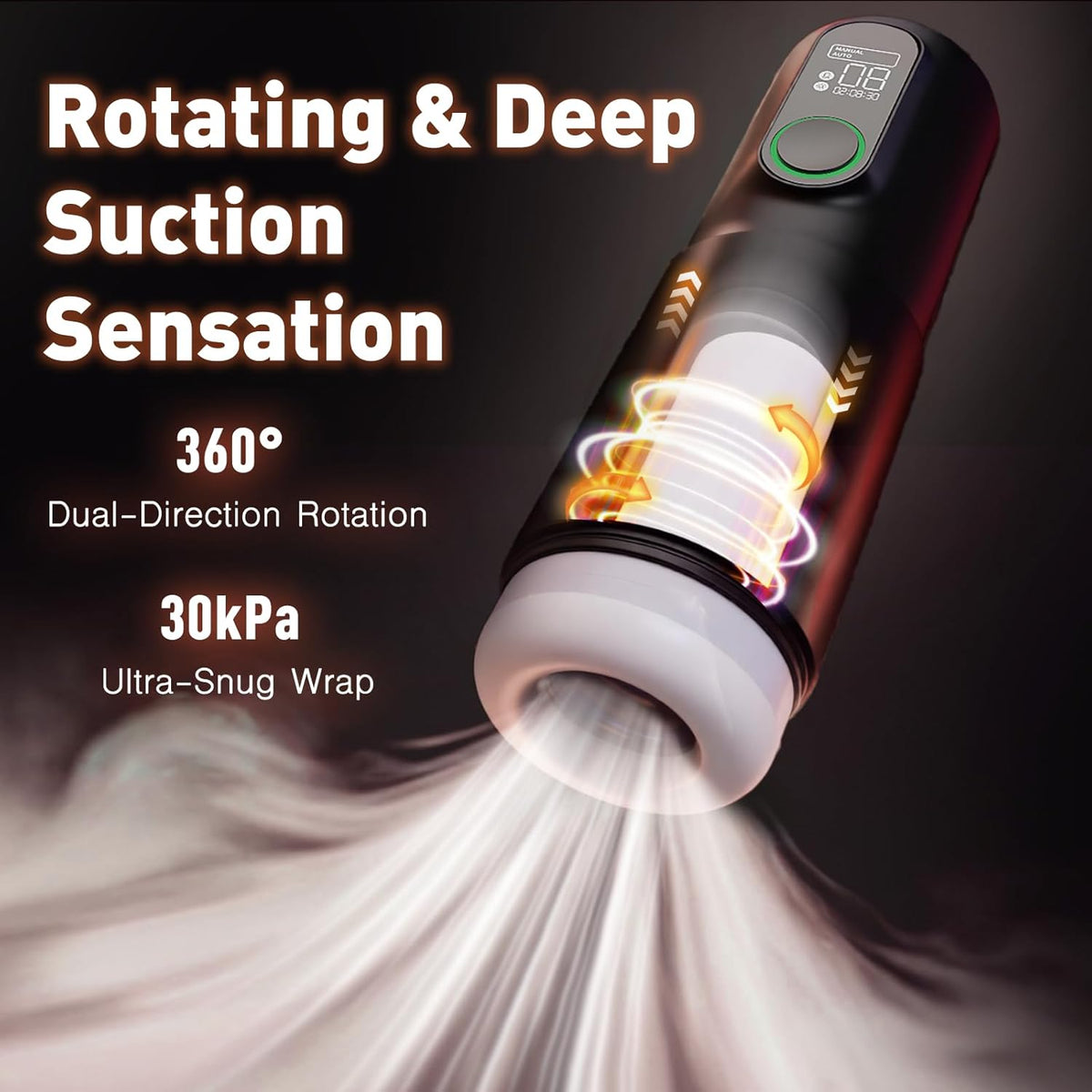 TriggerX penis pump stroker with rotating suction, LED display, and 30kPa snug wrap