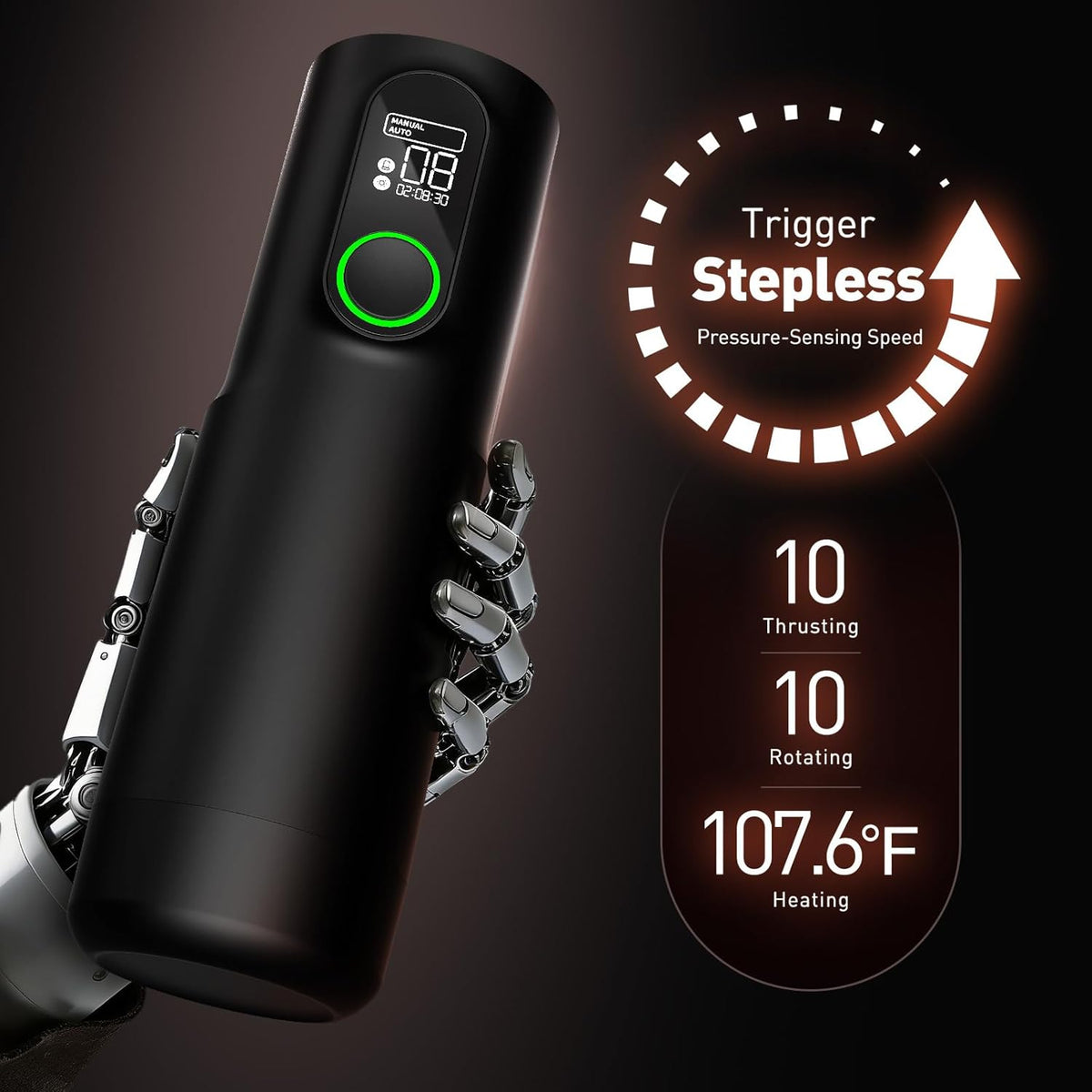 TriggerX penis pump stroker with LED display, stepless speed, 10 thrusting and rotating modes, heating
