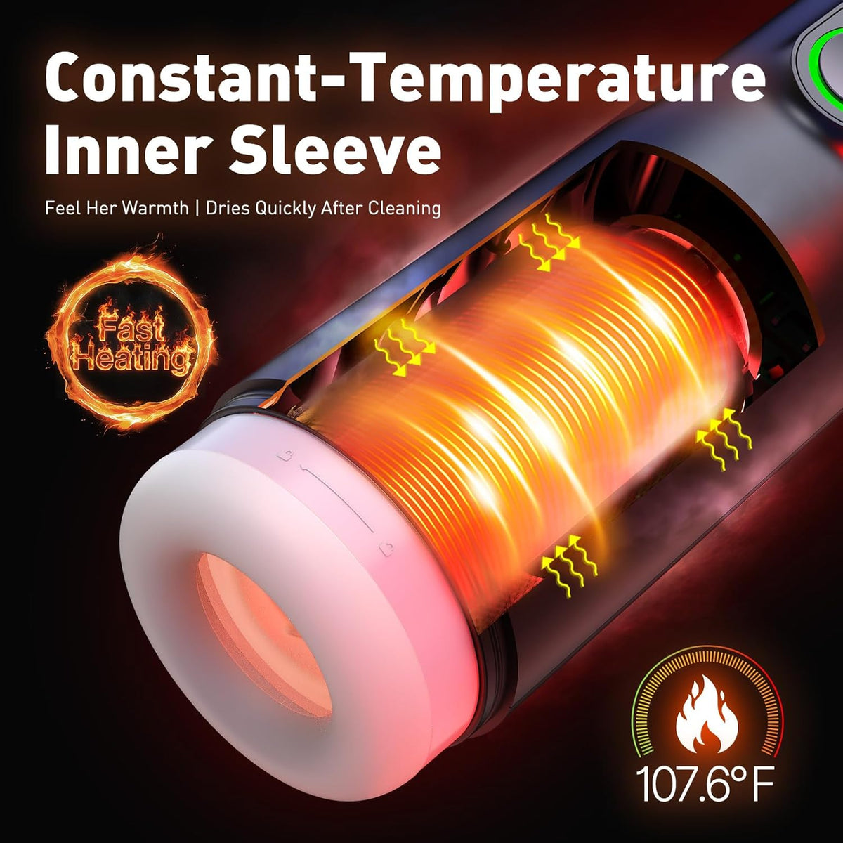 TriggerX heated inner sleeve with fast heating, 107.6°F, quick-dry body-safe design